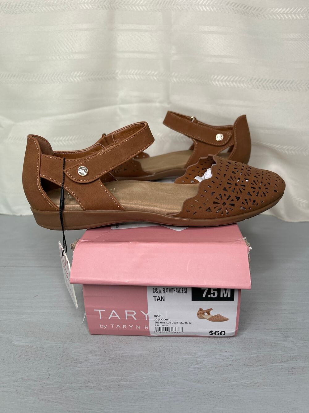 Taryn Rose Puncha Ankle Strap Ballet Flats Tan Womens Size 7.5
